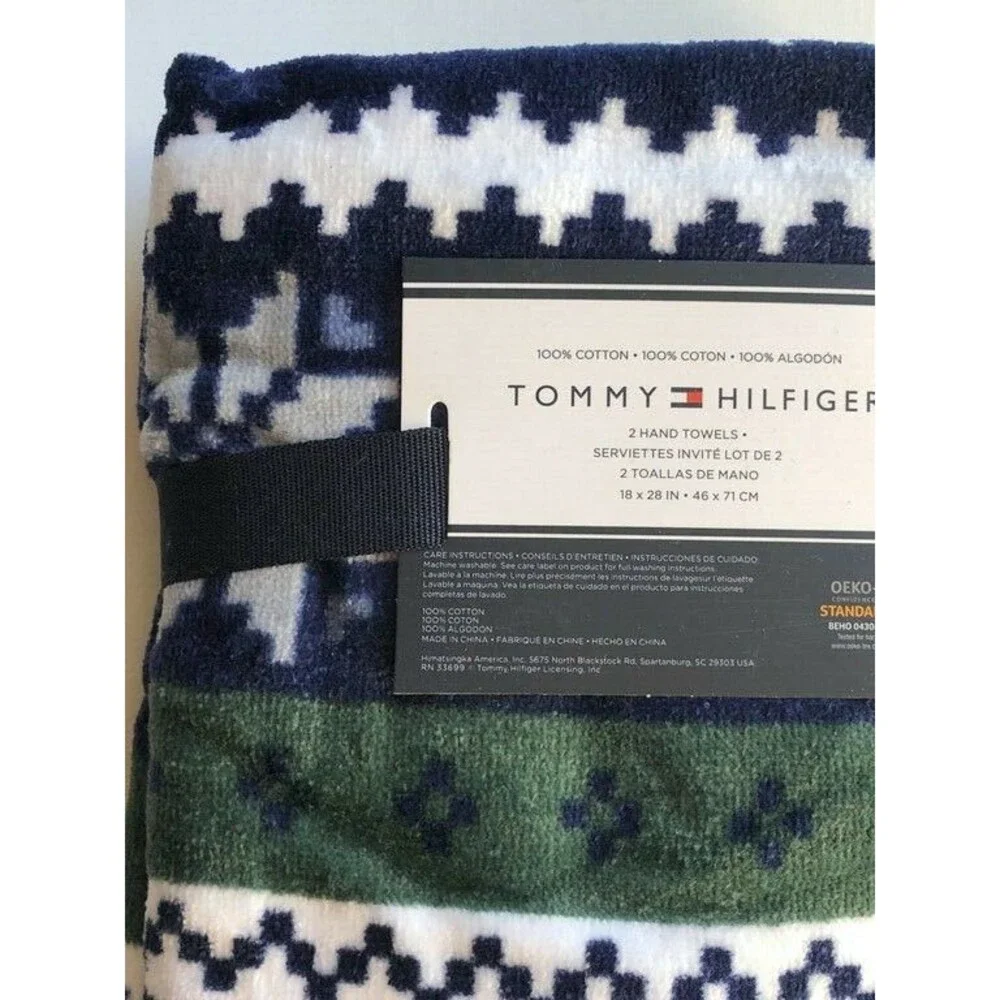 Tommy Hilfiger Christmas Snowflake Hand Towels Bathroom Holiday Stripe Set of 2